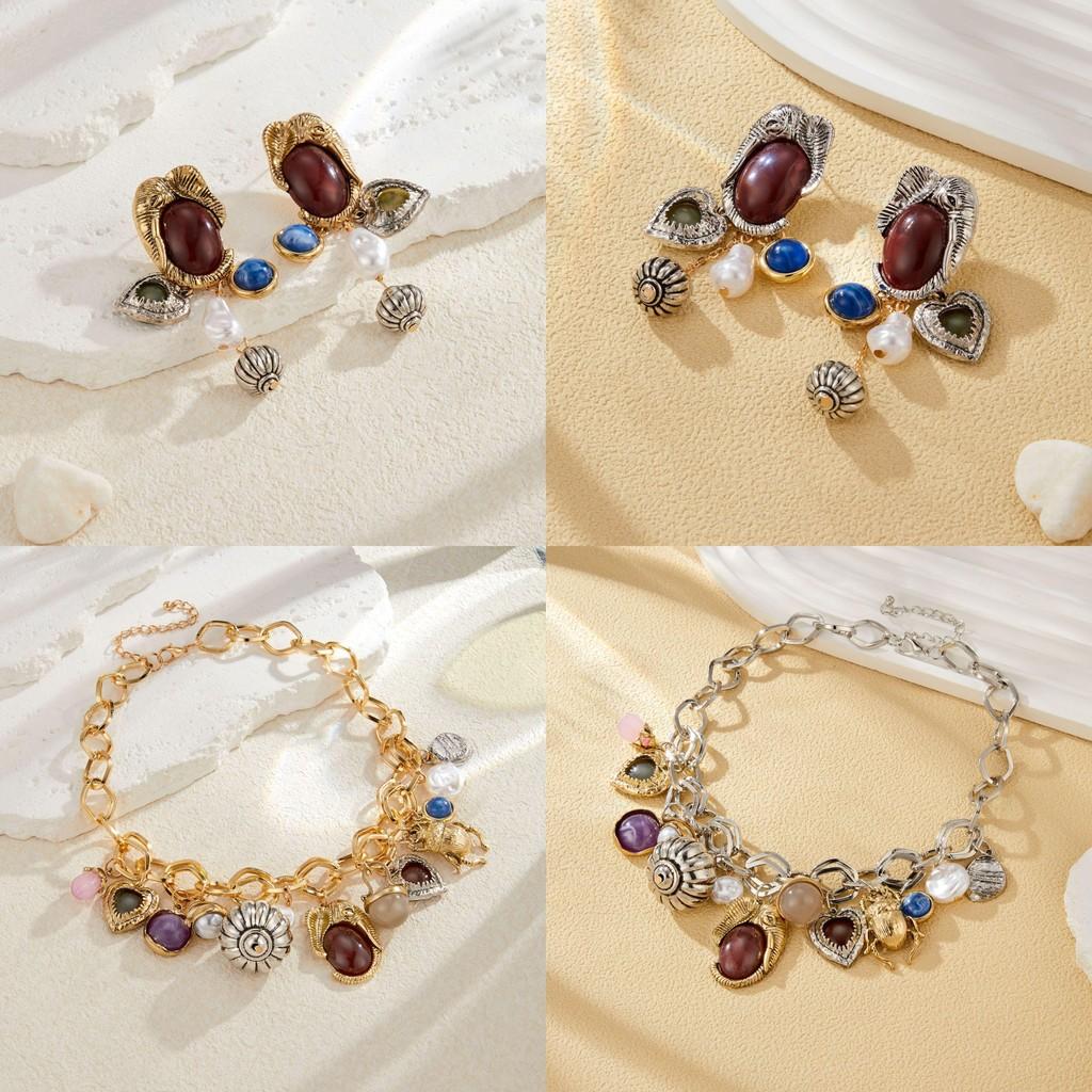 Elegant Retro Gemstone And Faux Pearl Earrings With Unique Shapes Asymmetrical