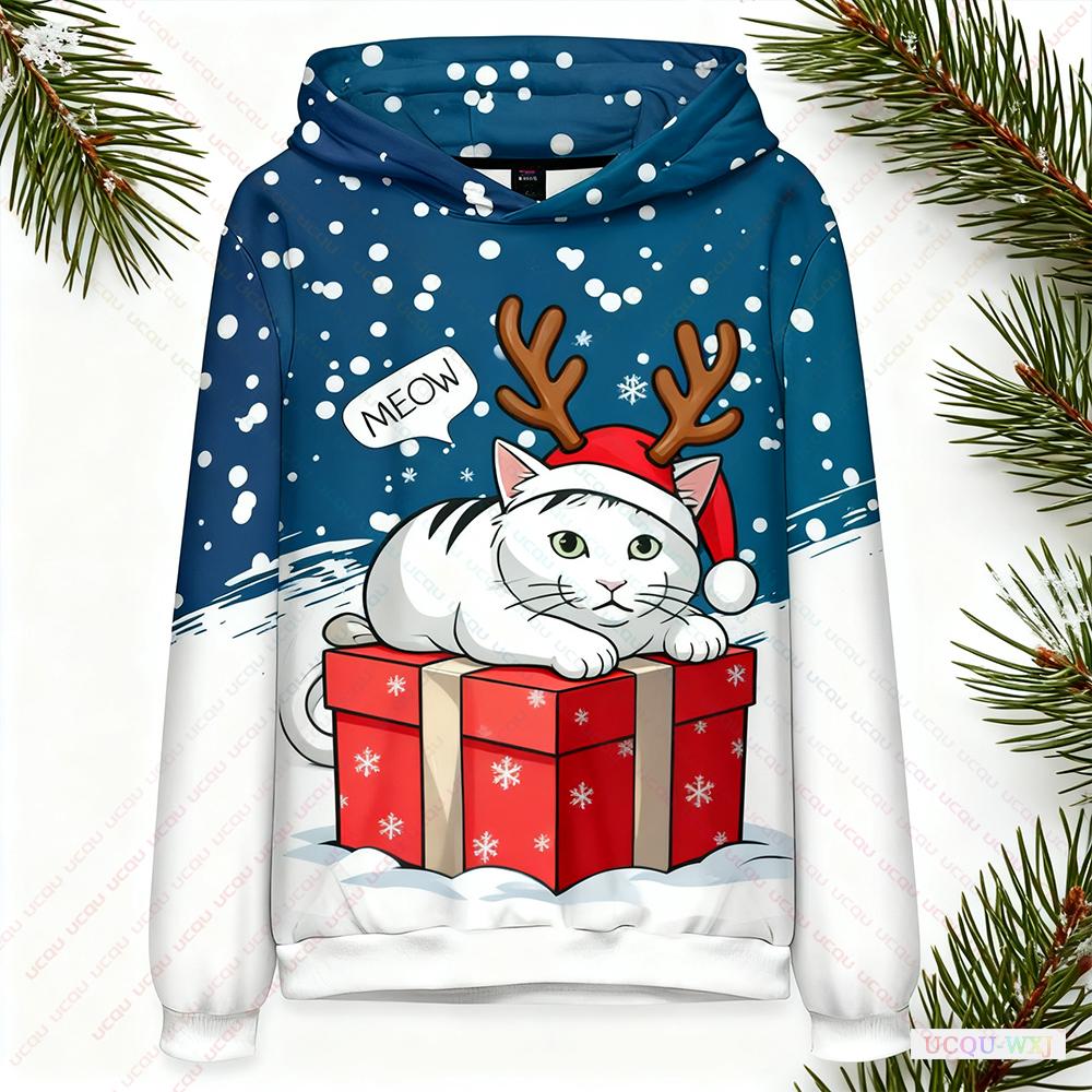 Sweatshirt Christmas Cat Pattern Print Holiday Party Sweatshirt Fashionable Stylish Wear