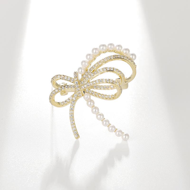 Korean Pearl Bow Zirconia Brooch - Elegant Women s Accessory