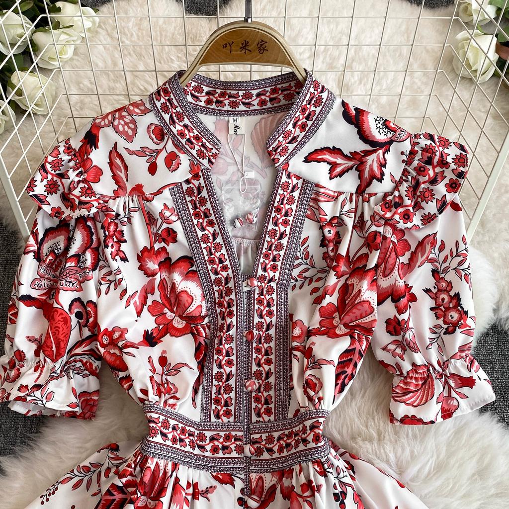 Summer Women Designer Vintage Print Runway Dress Elegant V-neck Single Breasted Party Dresses