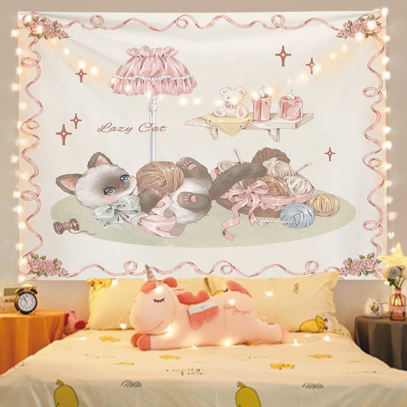 Pink Wave Dot Lace Princess Tapestry Wall Art Hanging for Bedroom Living Room Decor Bow Bear Rabbit Dress Cartoon Warm