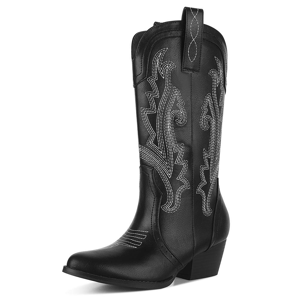 

GIGIFOX Модные женские сапоги до середины икры с вышивкой, острым носком и толстым каблуком, лаконичные однотонные женские сапоги в стиле вестерн для вечеринок 10