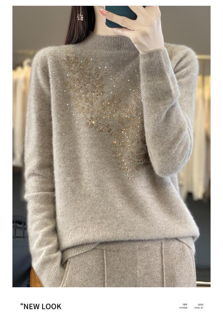 Rhinestone Wool Sweater for Women, Autumn/Winter Collection: Half-High Neck, Knitted, Long & Loose Fit.