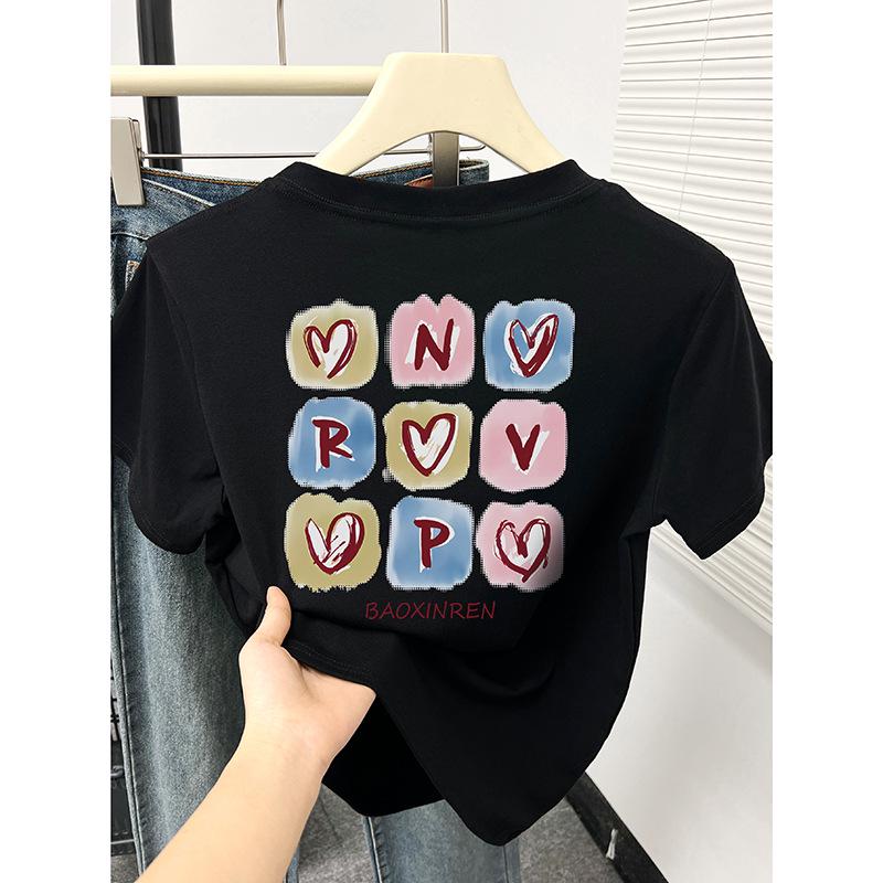 

2024 Summer Women s Korean Heart Print Slim Fit Round Neck T-Shirt 2XL