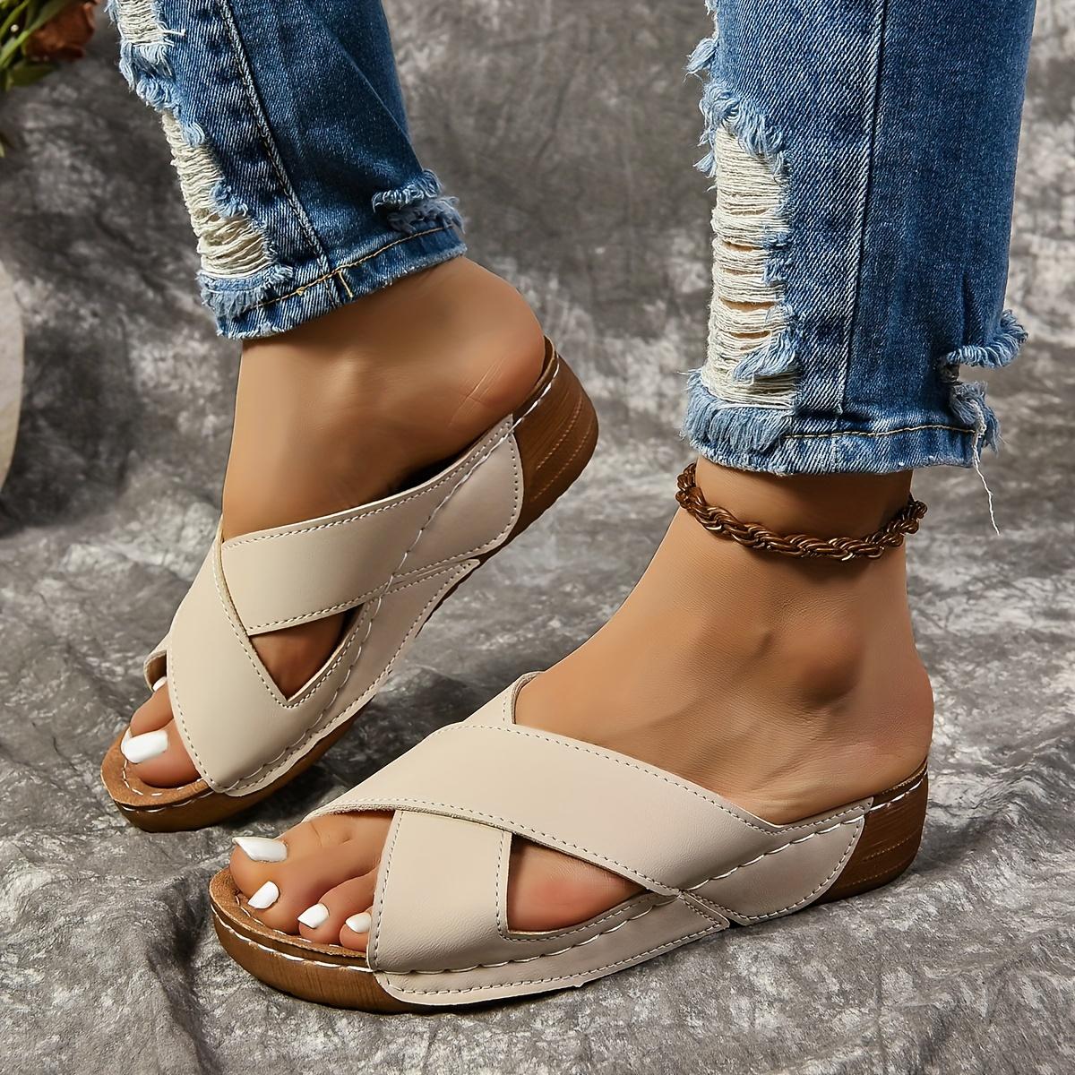 

Женские однотонные повседневные сандалии, туфли на платформе с мягкой подошвой и перекрещивающимися полосками для ходьбы, летние шлепанцы на танкетке для отдыха 40 бежевый