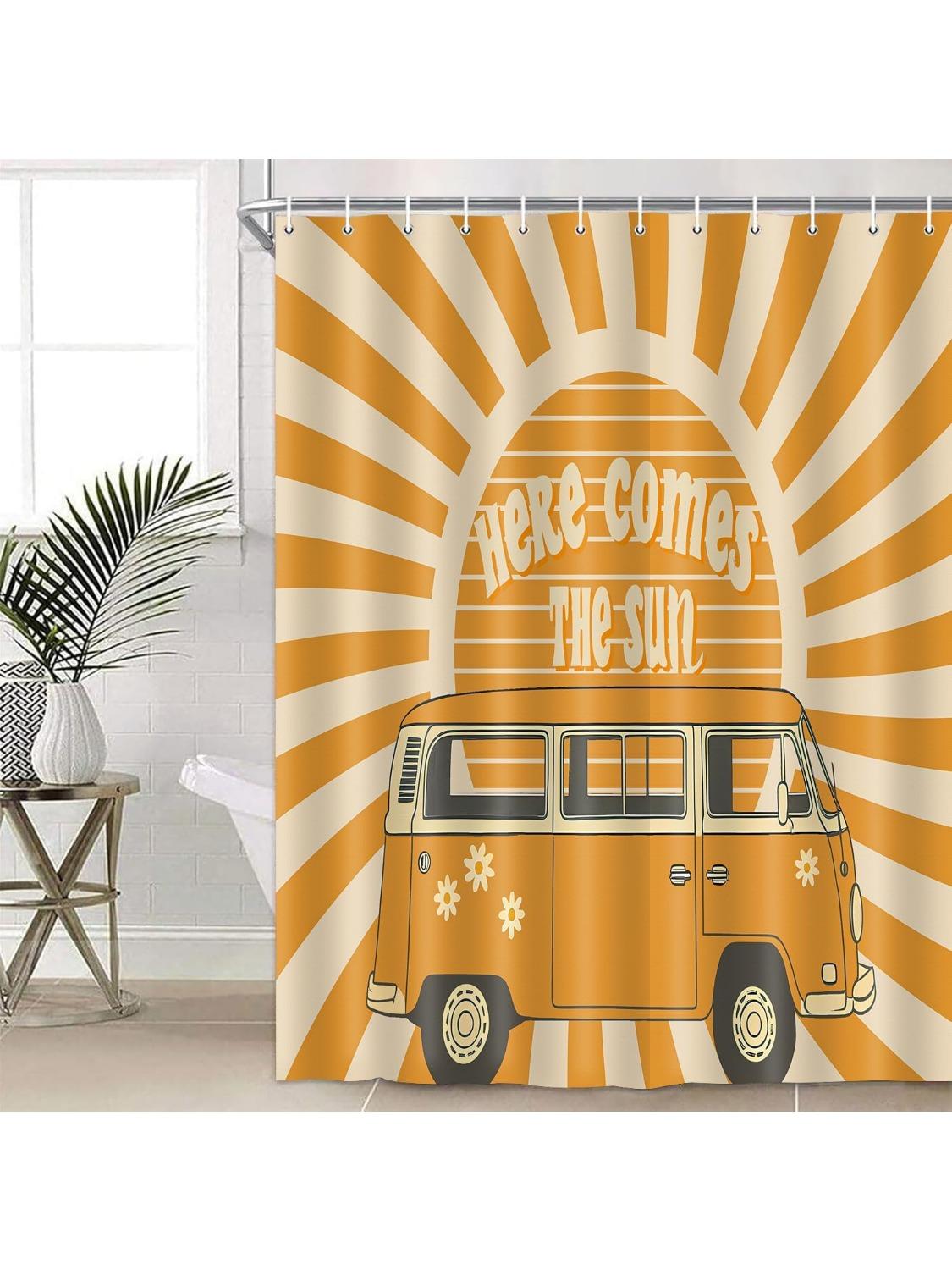 

Here Comes The Sun Shower Curtain 72x72 Inches Boho Vintage Floral Bus Retro Hippie Orange Sun Sunshine Reversible for Home 150x180CM
