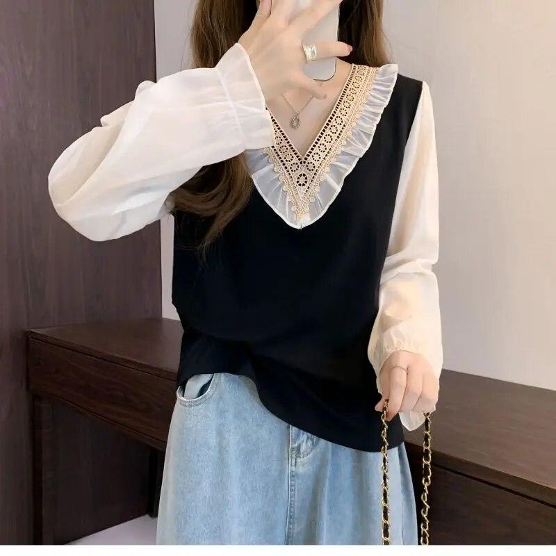 Spring Autumn Contrast Color Patchwork Fashion V-Neck Blouse Women High Street Elegant Long Sleeve Edible Tree Fungus Pullovers