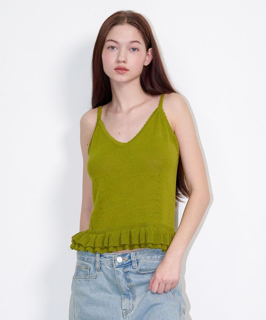 OPENING SUNSHINE Sleeveless Frill Linen Knit Top Olive