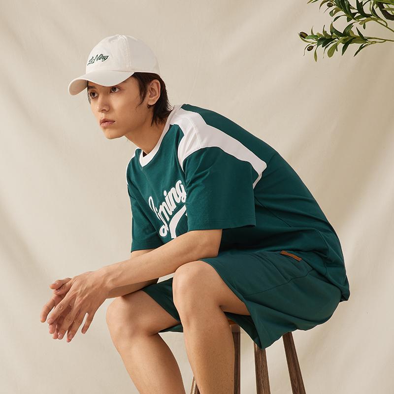 Li-Ning American Vintage Letter Print Color Block Loose Round Neck Short Sleeve Drop Shoulder T-Shirt Unisex T-Shirt Dark-Green AHST855-6