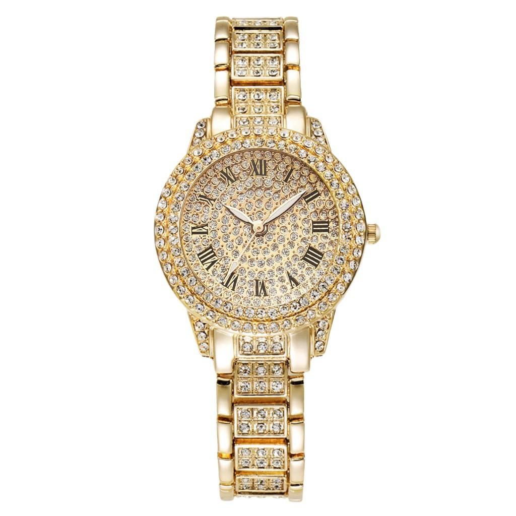 Full Diamond Roman Literal Steel Belt Women's Watch Gypsy Temperament Business Quartz Watch Women's Watch Jewelry Set