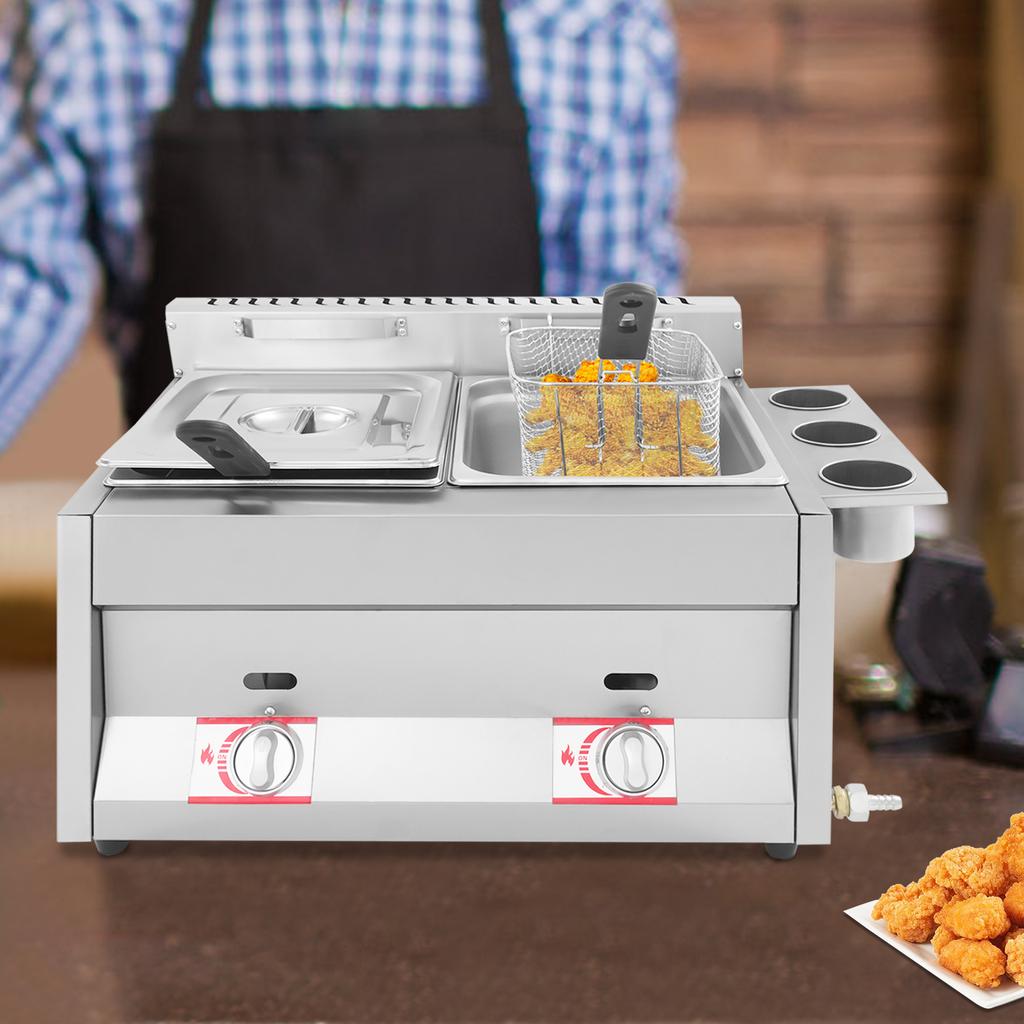 6L Gas Deep Fryer with Basket and Lid Stainless Steel Commercial Dual Tank Deep Fryer 50-380°C Used To Fry French Fries, Chicken