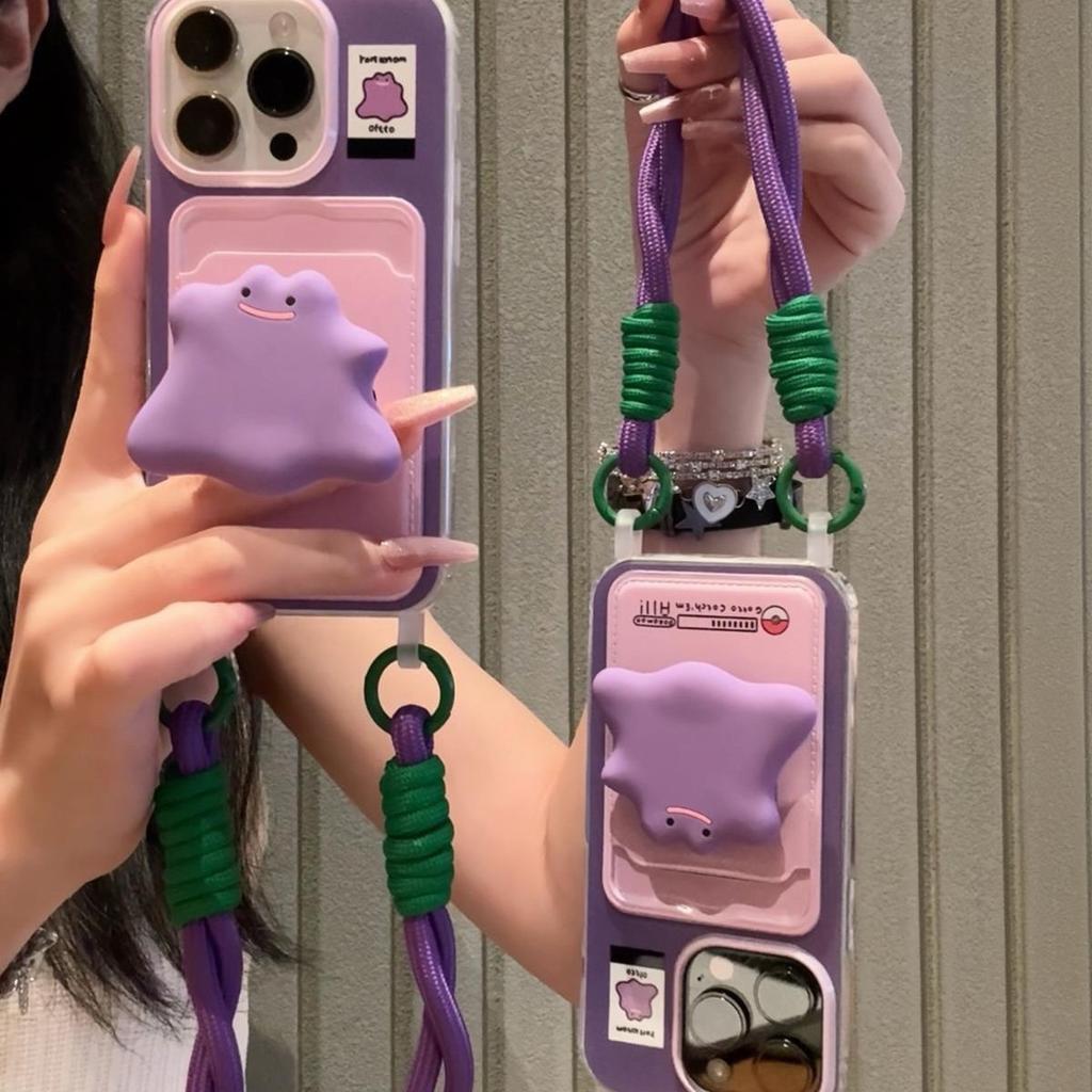 Purple little monster bracket card bag mobile phone case suitable for Apple 11promax with hand rope iphone11 protective case