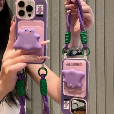Purple Small Monster Stand Card Holder Phone Case for Apple 16promax with Hand Strap IPhone15 Protective Cover