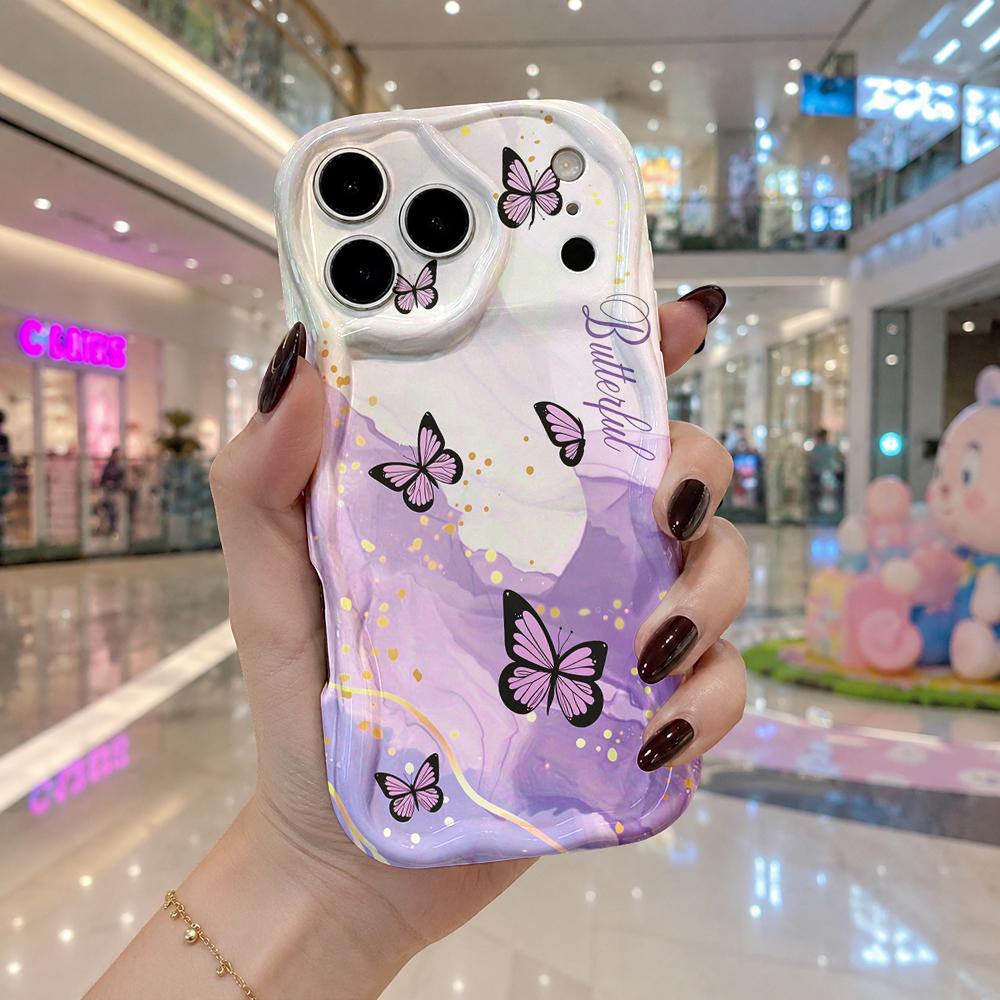 Gradient Purple Gold Foil Butterfly Phone Case for iPhone 17 16 15 14 13 12 11 Pro Max Plus Wavy Edge Cover