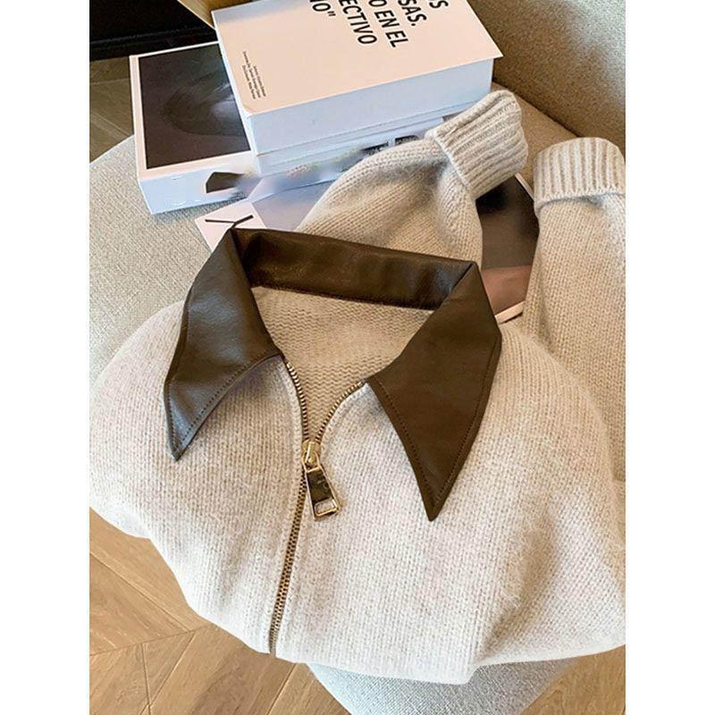 Spliced Leather Collar Knit Sweater Fashion Double Zipper Cardigan Women's Autumn/Winter Soft Vintage Long Sleeve Streetwear