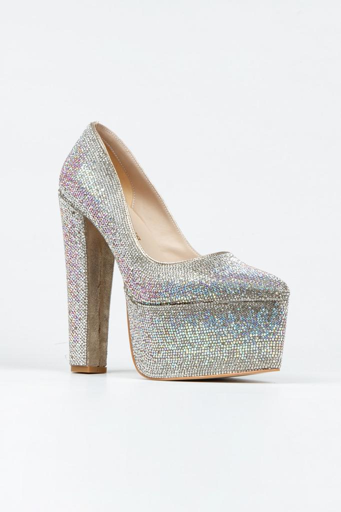 Women's Fashion Gold Full Stone Classic Pointed Thick Heeled Pointed Platform Evening Dress Shoes For Party