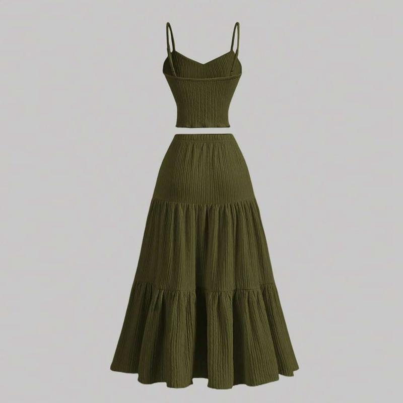 Women Solid Color Dress Set Camisole Top and A-line Long Skirt