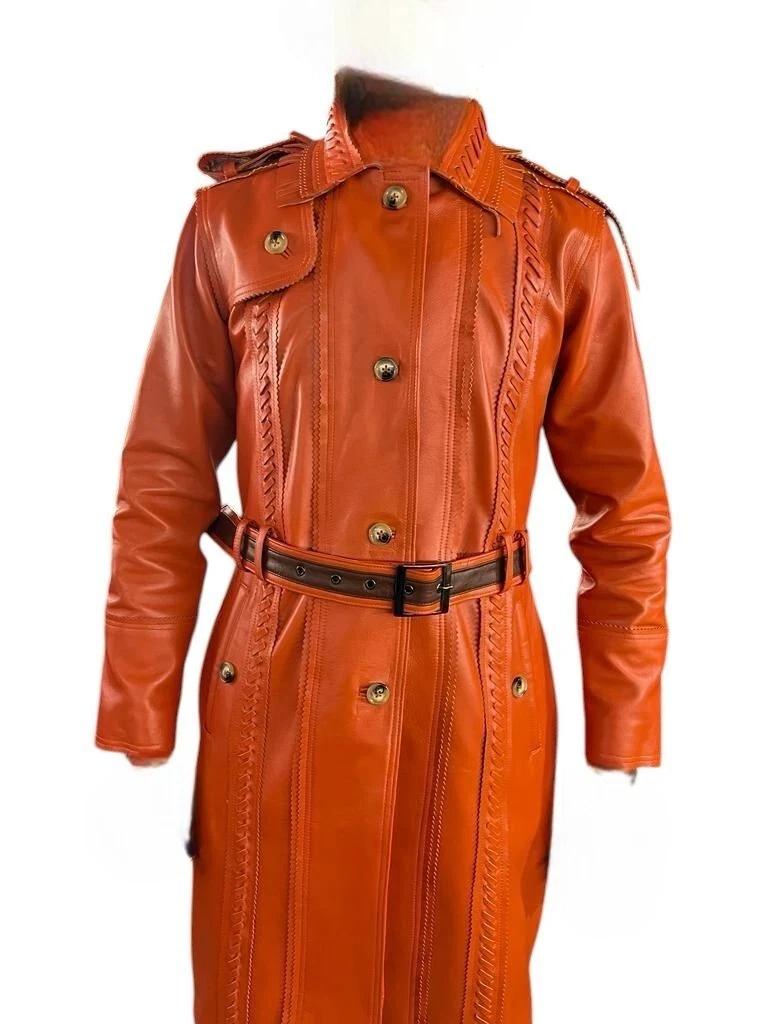 Overcoat Formal Design Women's Leather Trench Coat Genuine Lambskin Stylish Long