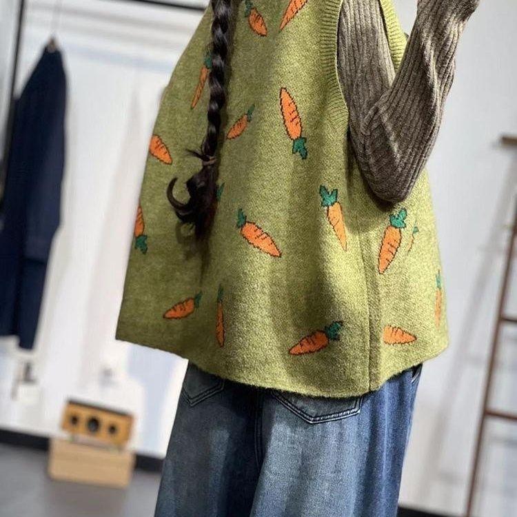 Frühling Herbst Damen Rundhals Jacquard Strickweste Locker Sitzend Ärmelloser Pullover Cardigan Tops Oberbekleidung