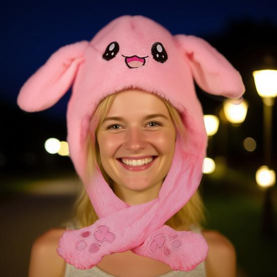 Funny Plush Rabbit Hat Cute Ear Moving Jumping Hat LED Light Up Winter Animal Cap for Women Girls Christmas Party Cosplay
