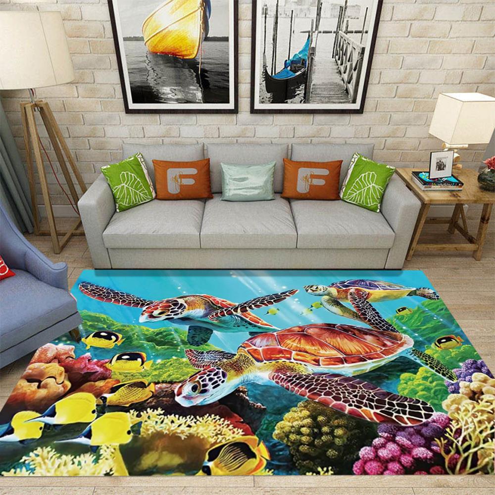 Large Sea Turtle Theme Area Rug Colorful Coral Reefs Tropical Fish Living Room Bedroom Marine Decor Carpet Home Decoration Mat