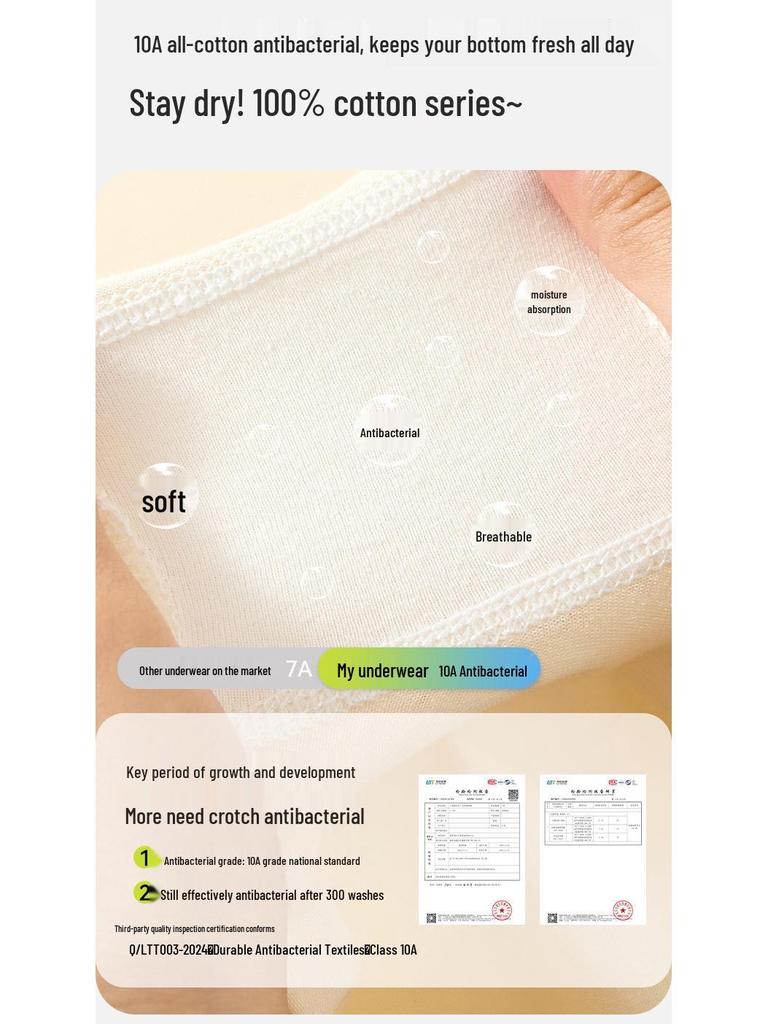 Antibacterial Girls' Pure Cotton Boxer Briefs - Class A, 100% Cotton Crotch, for Middle and Older Children