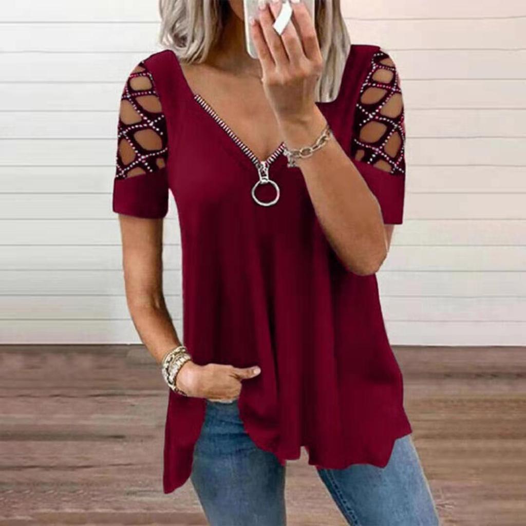 Ladies Short Sleeve Tops V Neck Zipper Shirt Ladies Hollow Solid Color Loose T Shirt Big Size Cotton Shirt