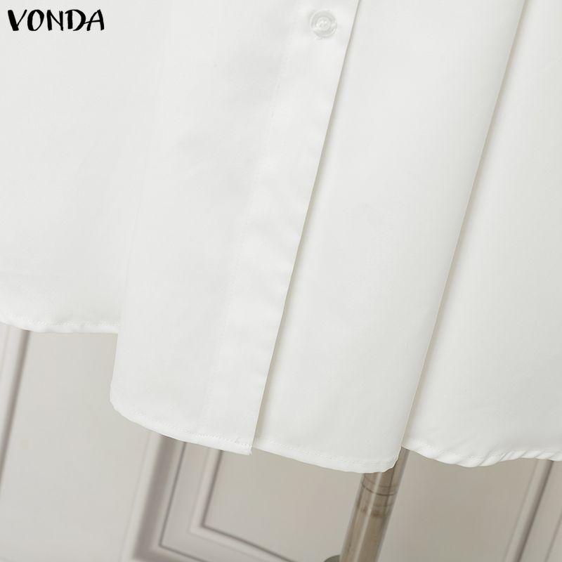 VONDA Women Casual V Collar Loose Half Sleeve Bow Knot Slim Waist Pleated Dress