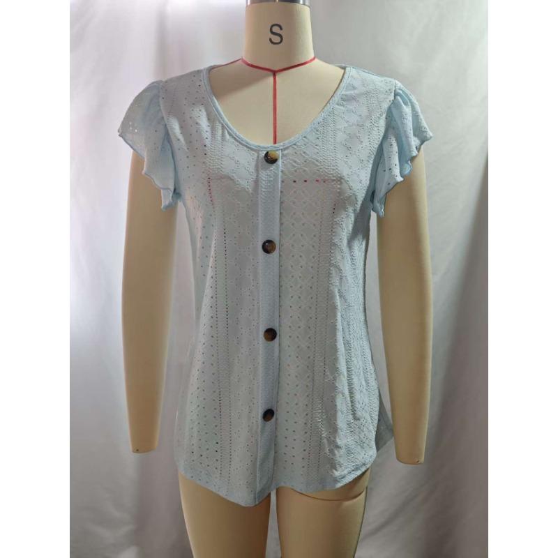 Womens V Neck Eyelet Embroidered Blouse With Short Flutter Sleeves Casual Button Down Top