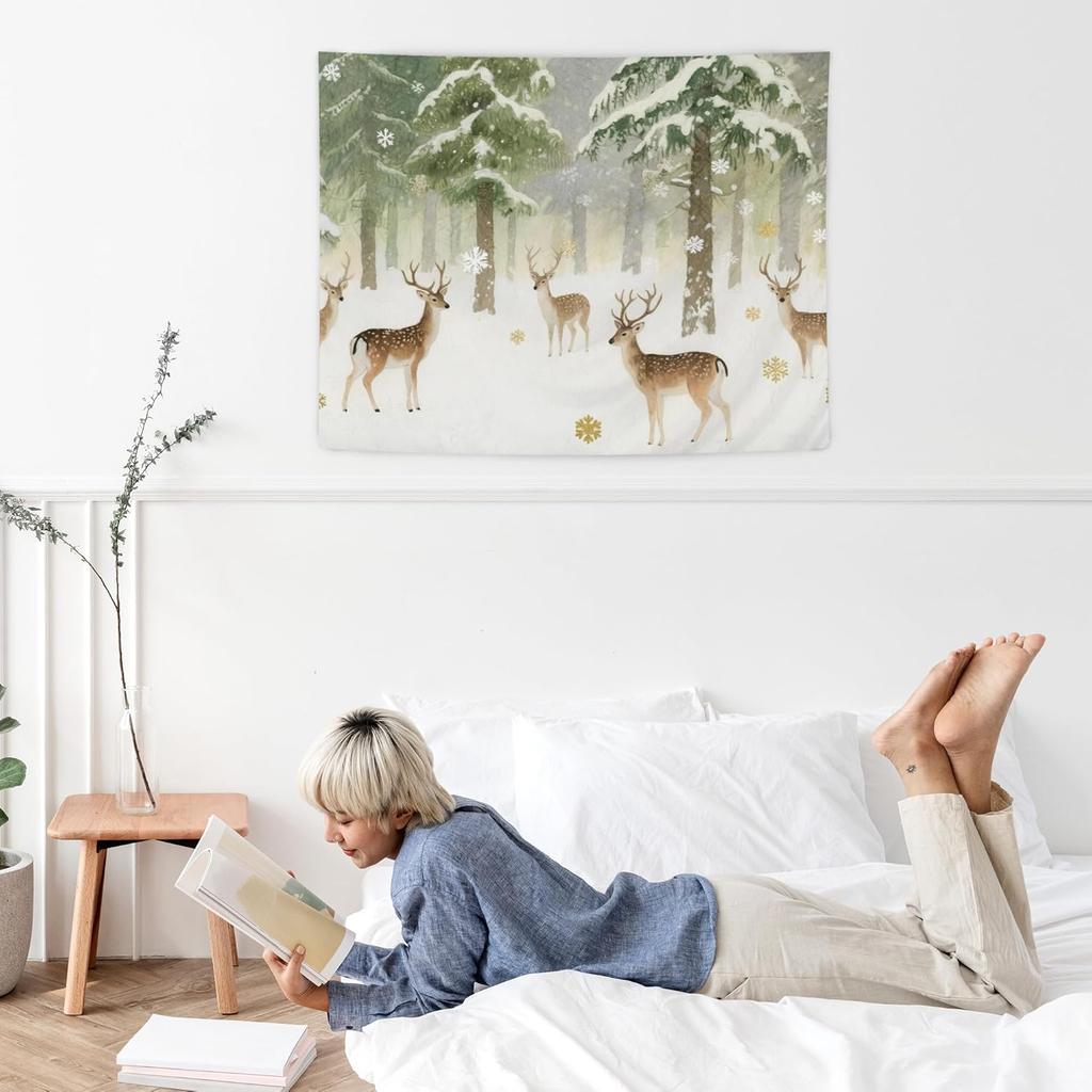 Winter Christmas Deer Tapestry,Rustic Christmas Wall Tapestry For Bedroom, Winter Snowy Forest Xmas Deer Tapestries Wall Hanging