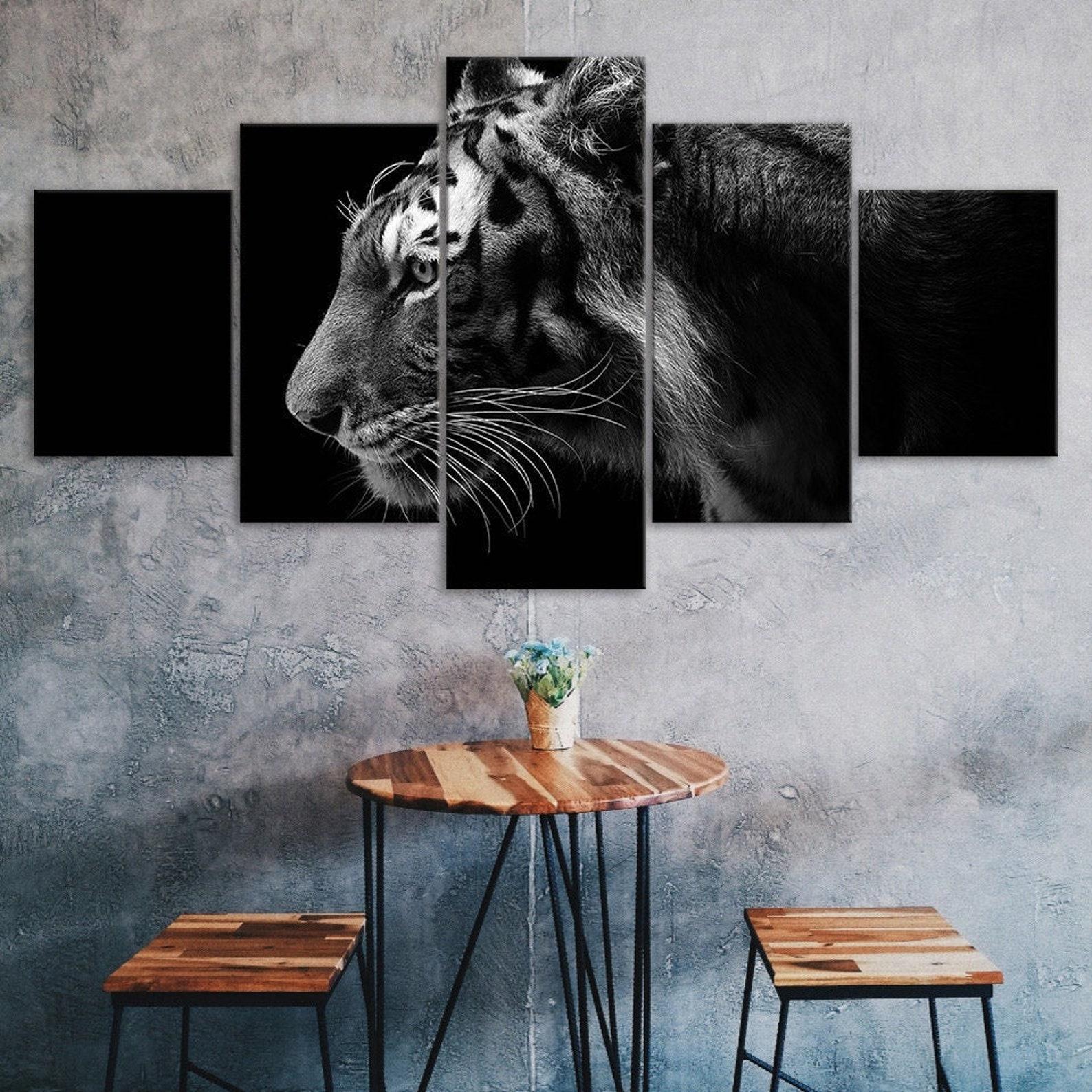 

Wild Tiger Animal Black White Scene 5 Piece Five Panel Wall Canvas Print Modern Art Poster Picture Home Decor Gift For Him For Her 20X35 20X45 20X55CM