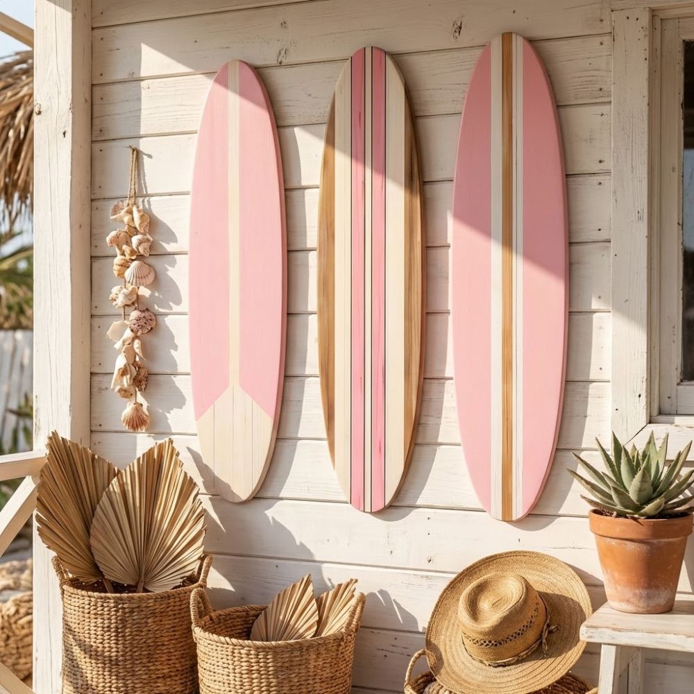 3 Stück Sommer-Thema Surfbrett Wandbehang Hawaiianischer Stil Ozean Strand Surfbrett Schild Gestreiftes Muster mit Haken