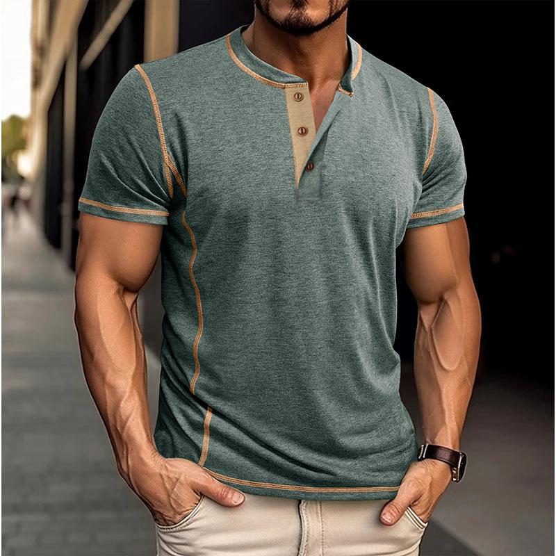 Herren Henley T-Shirts in Kontrastfarbe, Kurzarm-Freizeit-Tops mit Knopfleiste, Streetwear-Essential für den Sommer