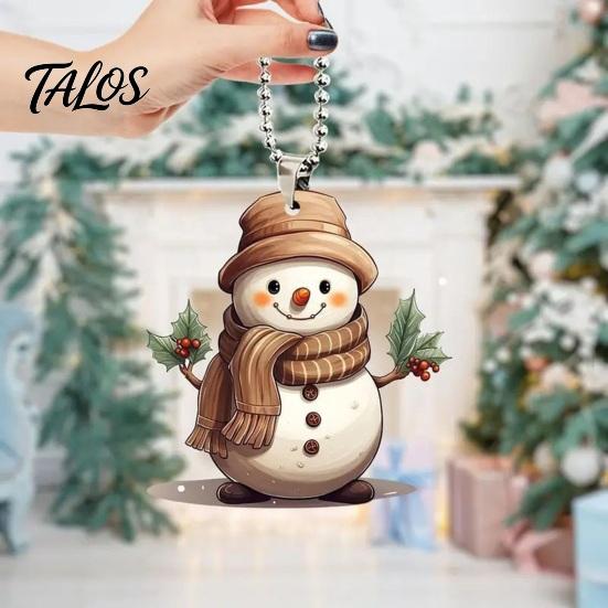 Unique Christmas Tree Ornament Cute Snowman Acrylic Pendant, 2D Flat Car Rearview Mirror Hanging Customized Accessory Decoration with Keychain
