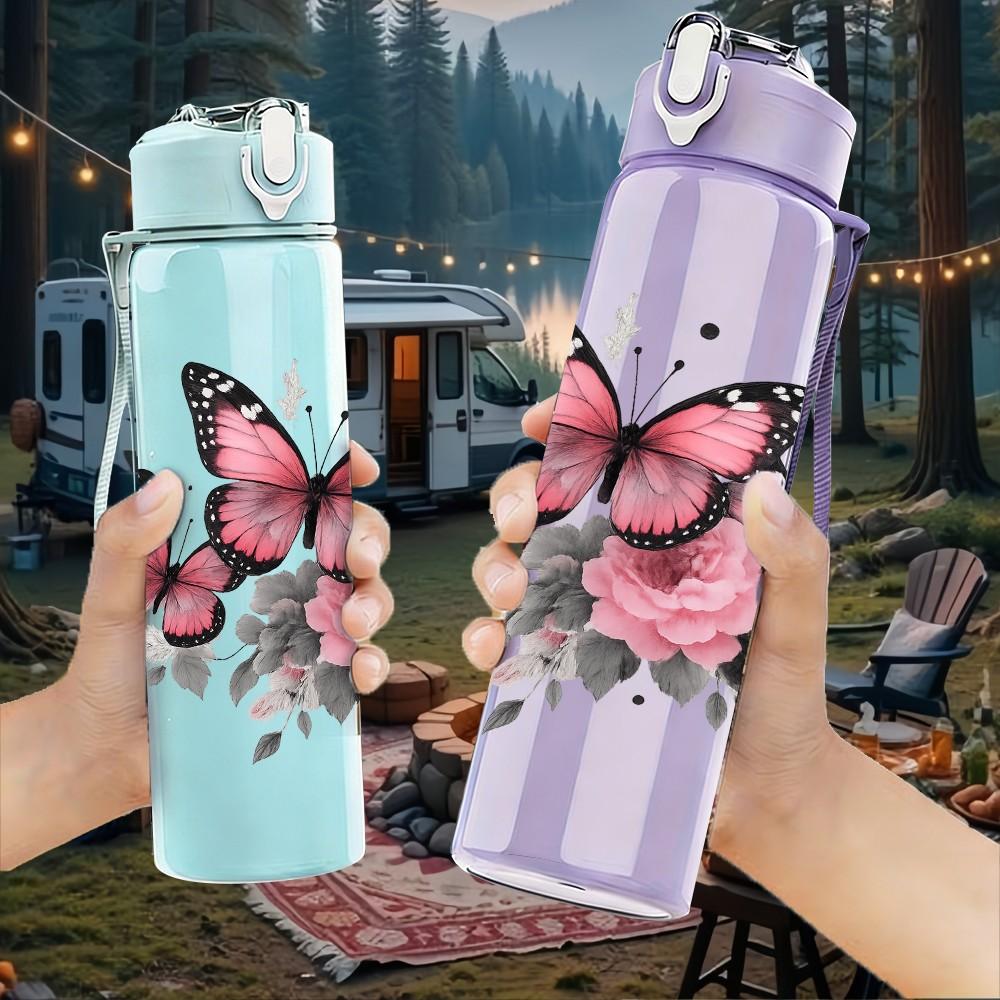 1PC Pink Butterfly Flower Art Print 750ml Color Plastic Sports Water Bottle Leakproof Flip Straw Lid Suitable for Sports Office Home Use