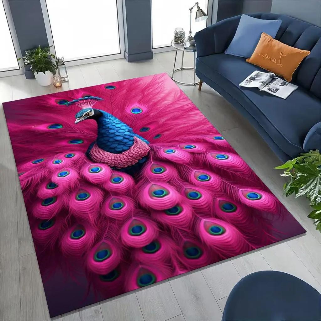 3D Bunter Pfau Romantische Vögel Teppich für Schlafzimmer Wohnzimmer Sofa Heim Fußmatte Dekor, Größere Kinder Spiel Anti-Rutsch Bodenmatte