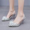 7cm Silver Light Mouth Pointed Sandals Rhinestone Glass Flower Thin Heel Sandals Large Size Wedding Shoes Bride Wedding Women's Shoes