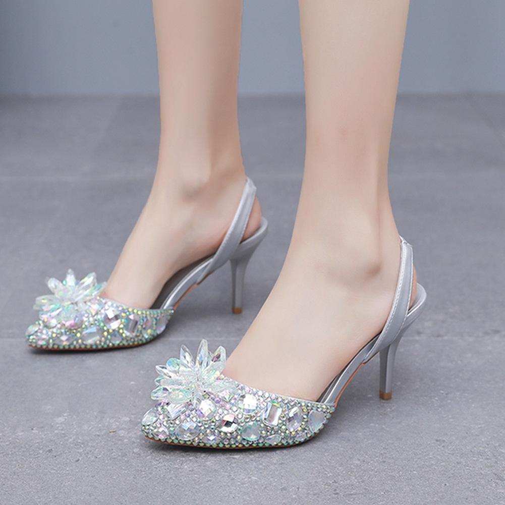 7cm Silver Light Mouth Pointed Sandals Rhinestone Glass Flower Thin Heel Sandals Large Size Wedding Shoes Bride Wedding Women's Shoes