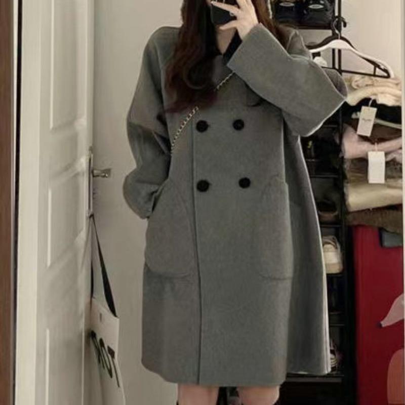 Retro College Contrast Color Mid-length Woolen Coat for Women Small Korean Style Loose Slim Versatile Woolen Coat for Women