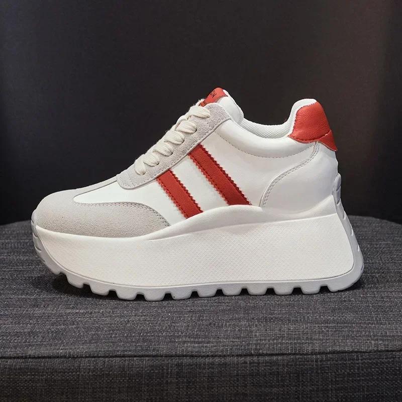 Fashion Top quality 8cm Genuine Leather Platform Wedge Women Spring Autumn Chunky Sneakers Shoes Breathable Comfortable Vulcanize boots