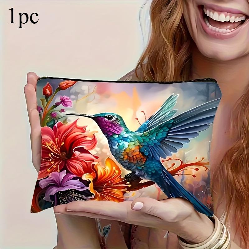 

1pc Hummingbird Floral Pattern Makeup Bag Travel Cosmetic Pouch with Zipper Vibrant Blue Green Hummingbird Travel Cosmetic Bag