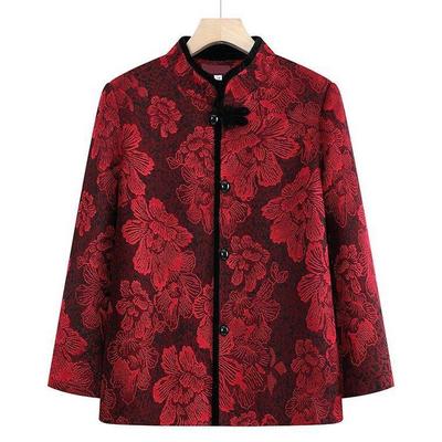 Schlankmachendes Woll-Oberteil im chinesischen Stil für ältere Menschen mit Jacquard-Blumen und Stehkragen