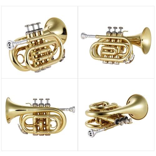 Juspins Mini Pocket Trumpet Bb Flat Brass Instrument with Mouthpiece Gloves, Cleaning Cloth, and Carrying Case