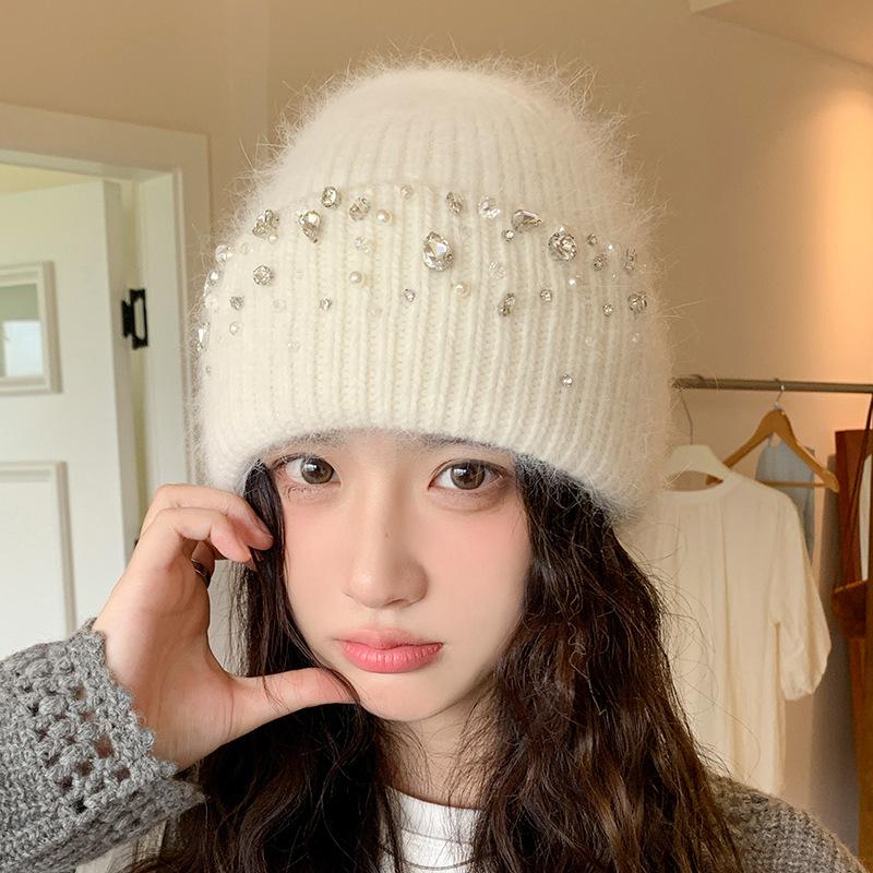 Knitted Hat Women's Winter Thickened Warm Ear Protection Hat Rhinestone Wool Hat Winter Hats for Women, Beanies for Women, Hats for Women Winter