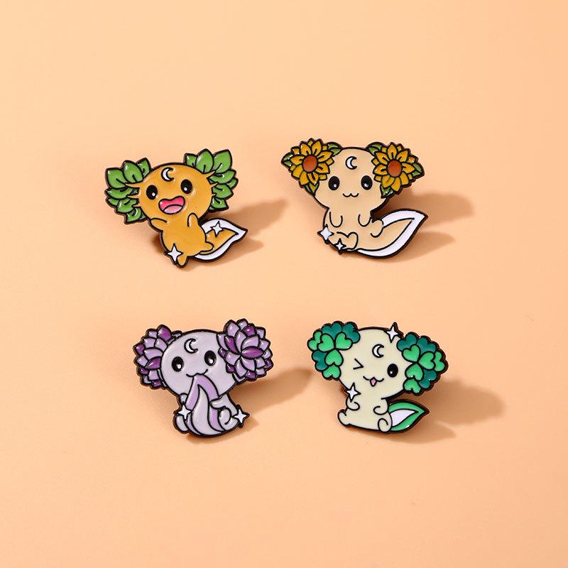 Original Enamel Alloy Brooch Cute Axolotl Flower Animal Pin Badge for Student Backpack Clothes Bag Decoration