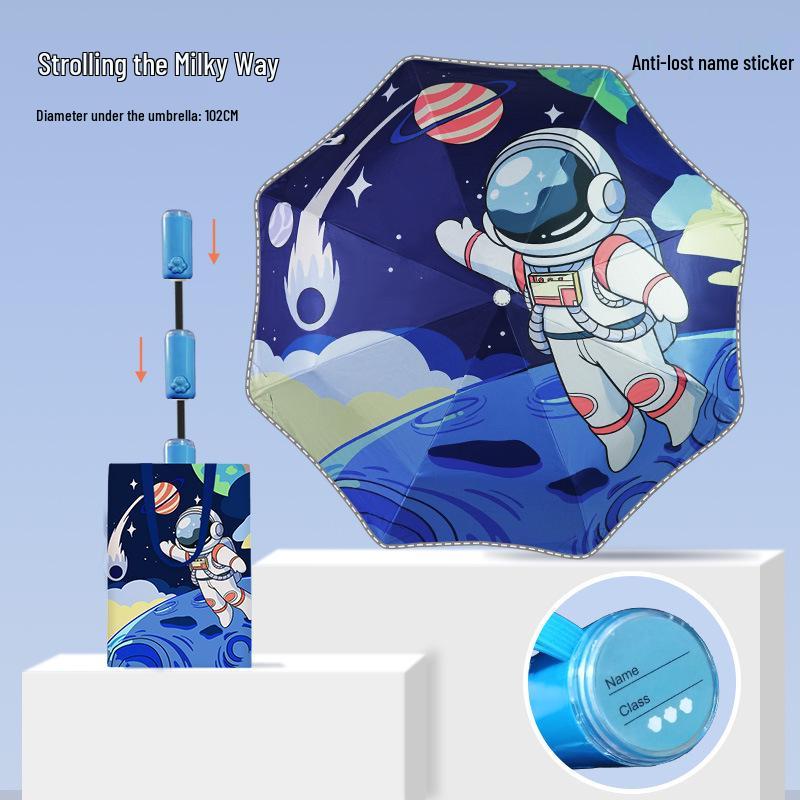 

Детский автоматический телескопический зонт с 8 спицами, безопасными закругленными углами, светоотражающими полосками и защитой от солнца.