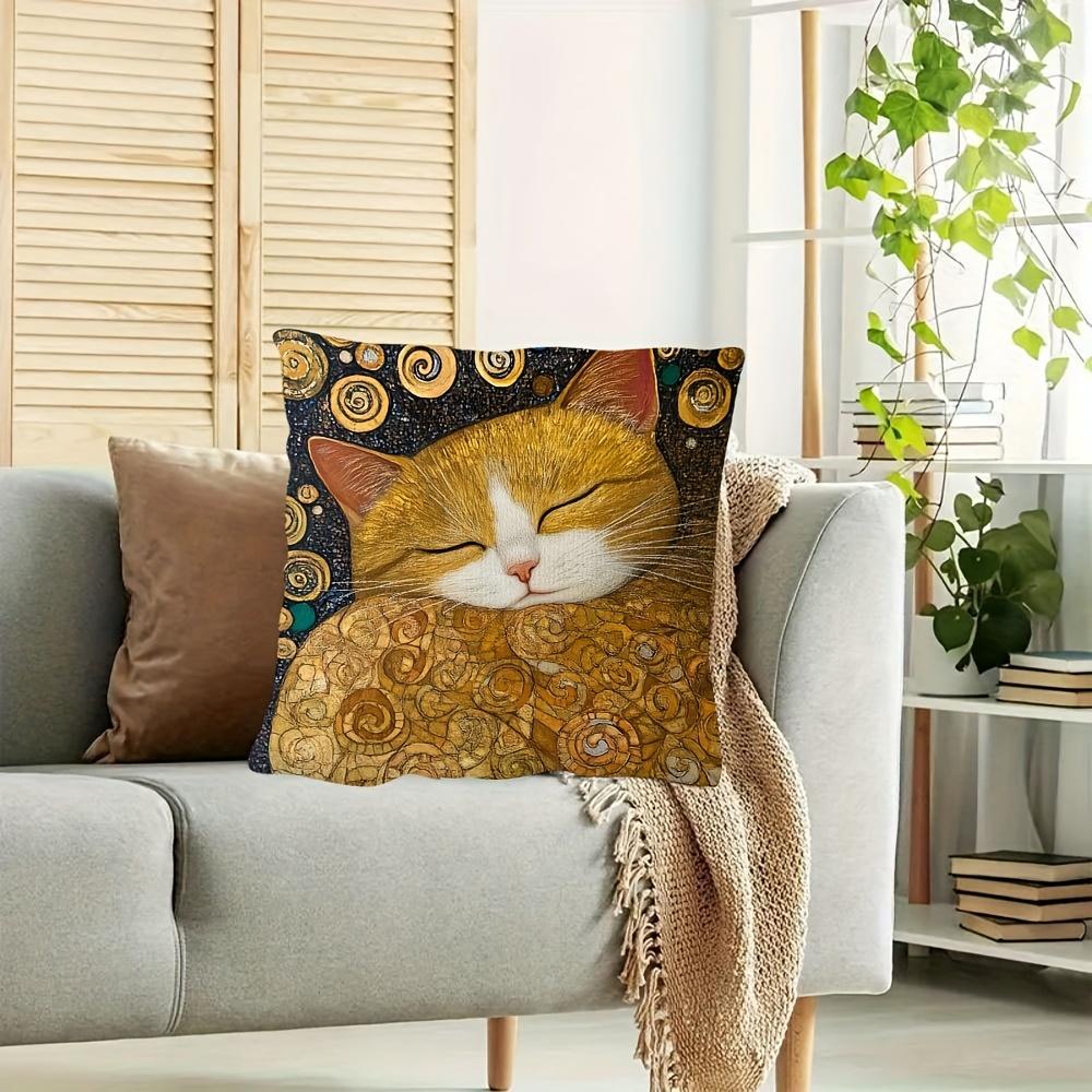 2D Flat- Vintage Art Nouveau Sleeping Ginger Cat Throw Pillow Cover Gustav Klimt Style Decorative Cushion Case For Home Bedroom