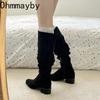 Winter Pleated Women Mordern Long Boots Street Style Thick Heels Party Female Stretch Slim Knee High Shoes