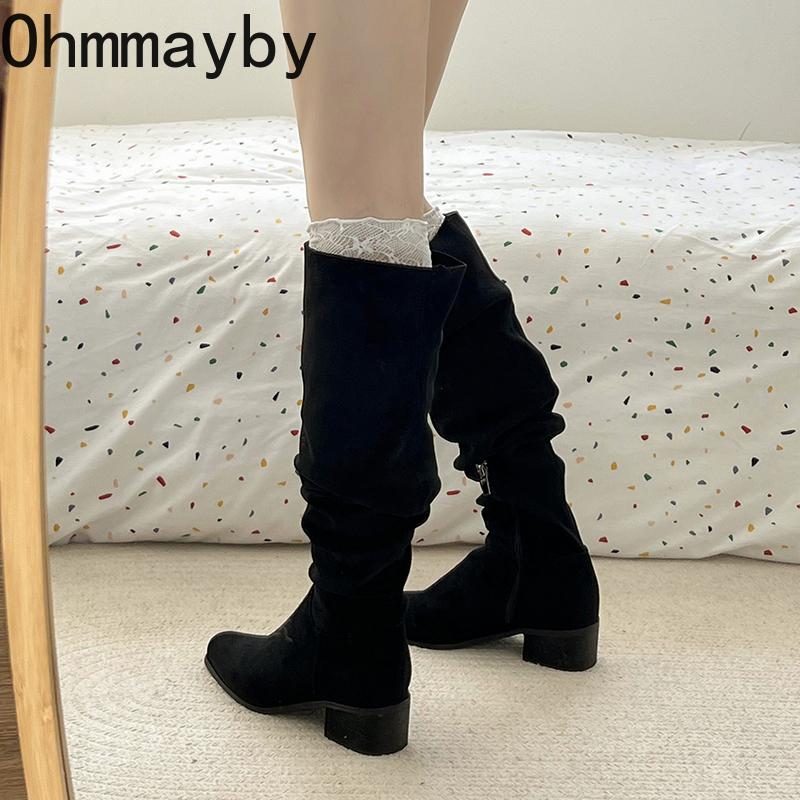 Winter Pleated Women Mordern Long Boots Street Style Thick Heels Party Female Stretch Slim Knee High Shoes