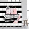 Pink Perfume High Heel Shower Curtain Set Black White Stripes Fashion Girl Woman Bathroom Decor Polyester Bathtub Curtains Hooks